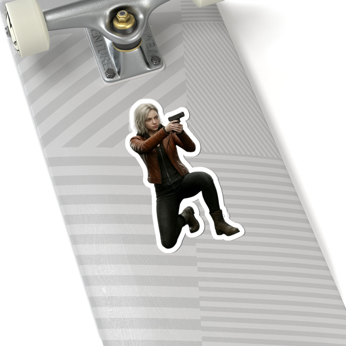 Grace Ashcroft Sticker, Resident Evil Sticker, Gaming Room Decor, Gamer Gift — vinyl character sticker of Grace Ashcroft aiming a pistol on skateboard