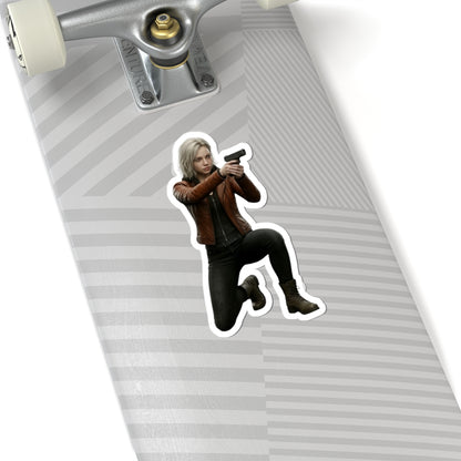 Grace Ashcroft Sticker, Resident Evil Sticker, Gaming Room Decor, Gamer Gift — vinyl character sticker of Grace Ashcroft aiming a pistol on skateboard