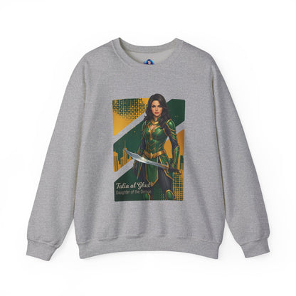 Talia al Ghul Sweatshirt, DC Comics Crewneck, Elegant Villain Apparel for Fans - gray crewneck with detailed Talia al Ghul artwork and katana