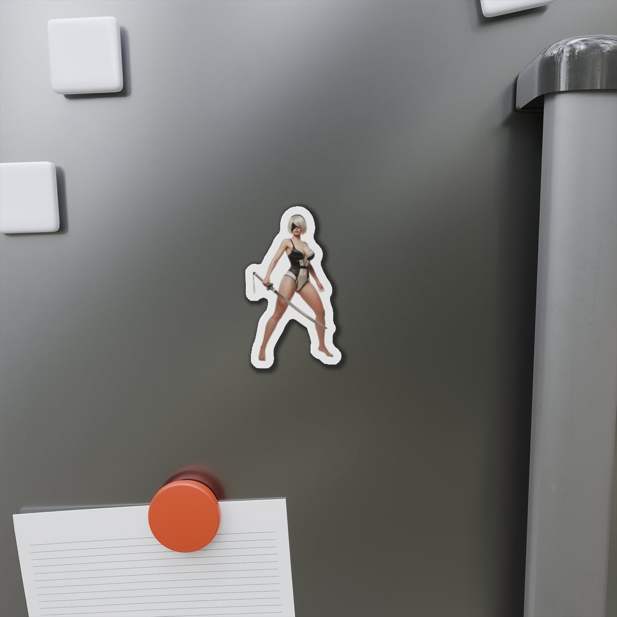 2B Magnet – NieR Automata Anime Heroine Fridge Magnet, Game Decor on refrigerator showing die-cut vinyl 2B anime magnet