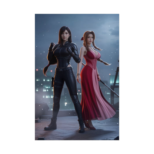 Tifa Aerith Poster, Final Fantasy Wall Art Print – Gaming Decor featuring Tifa in combat suit and Aerith in red dress on rooftop at night