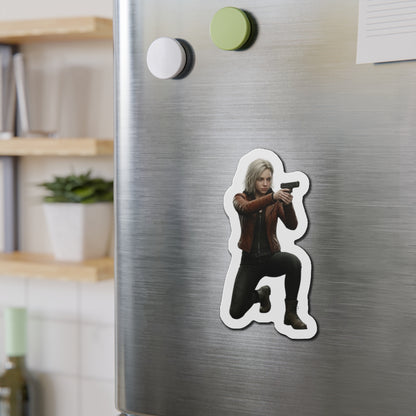 Grace Ashcroft Magnet, Resident Evil Fridge Magnet, Survival Horror Game Decor - vinyl fridge magnet showing Grace Ashcroft aiming a gun on stainless refrigerator
