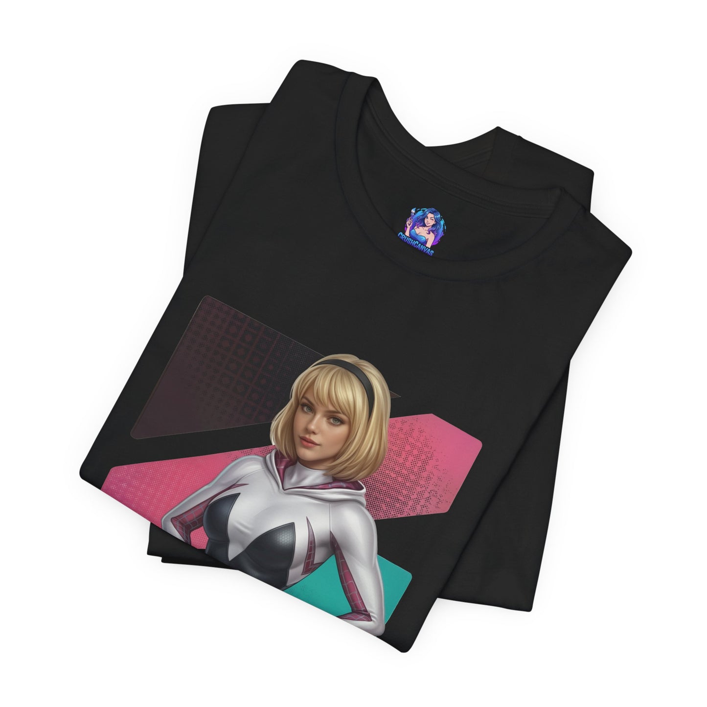 Spider-Gwen T-Shirt | Marvel Anime Tee for Gamers & Superhero Fans - black Bella+Canvas tee with anime-style Spider-Gwen portrait and geometric background