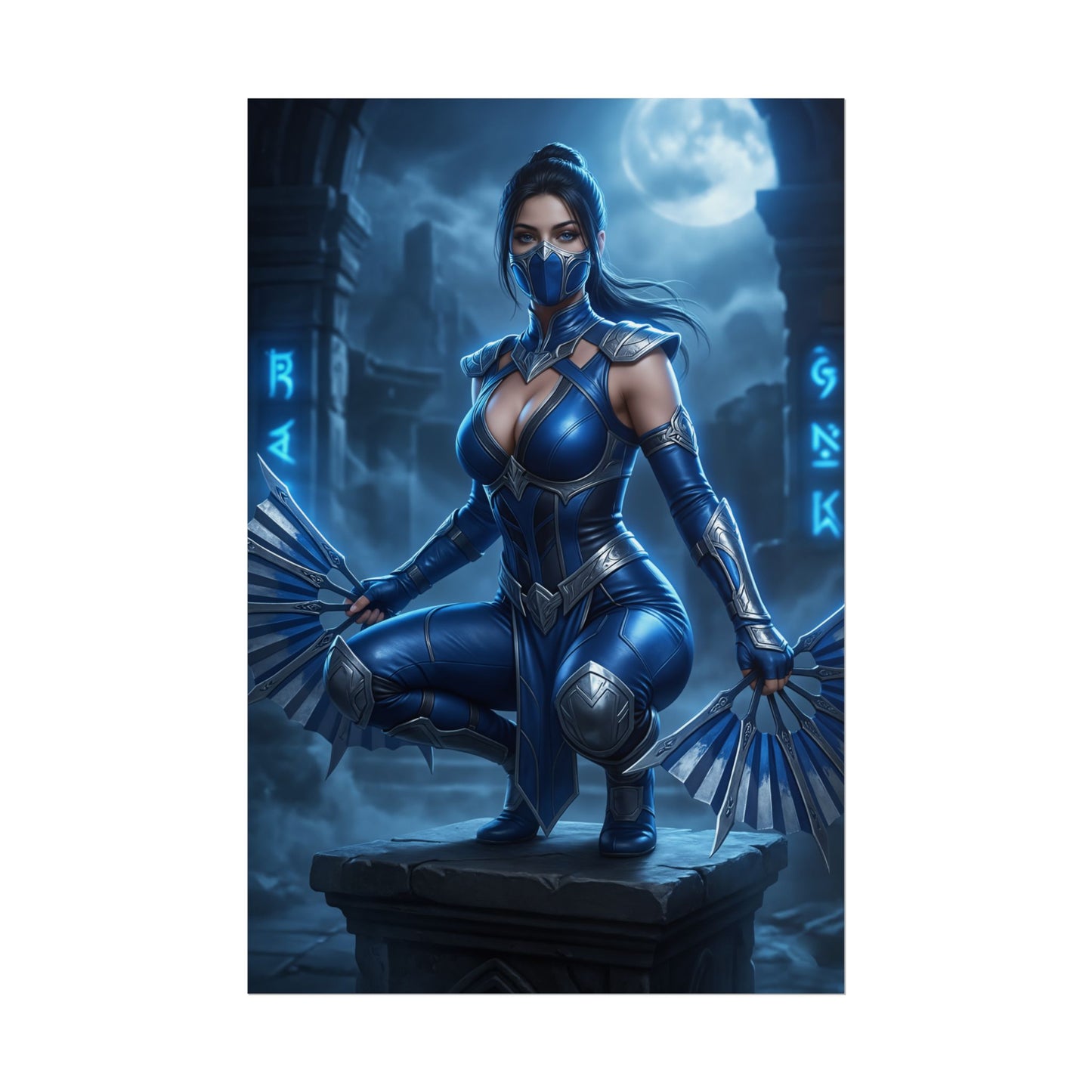 Kitana Mortal Kombat Poster – Iconic Fighting Game Heroine Wall Art, blue ninja heroine fan art poster for gaming rooms