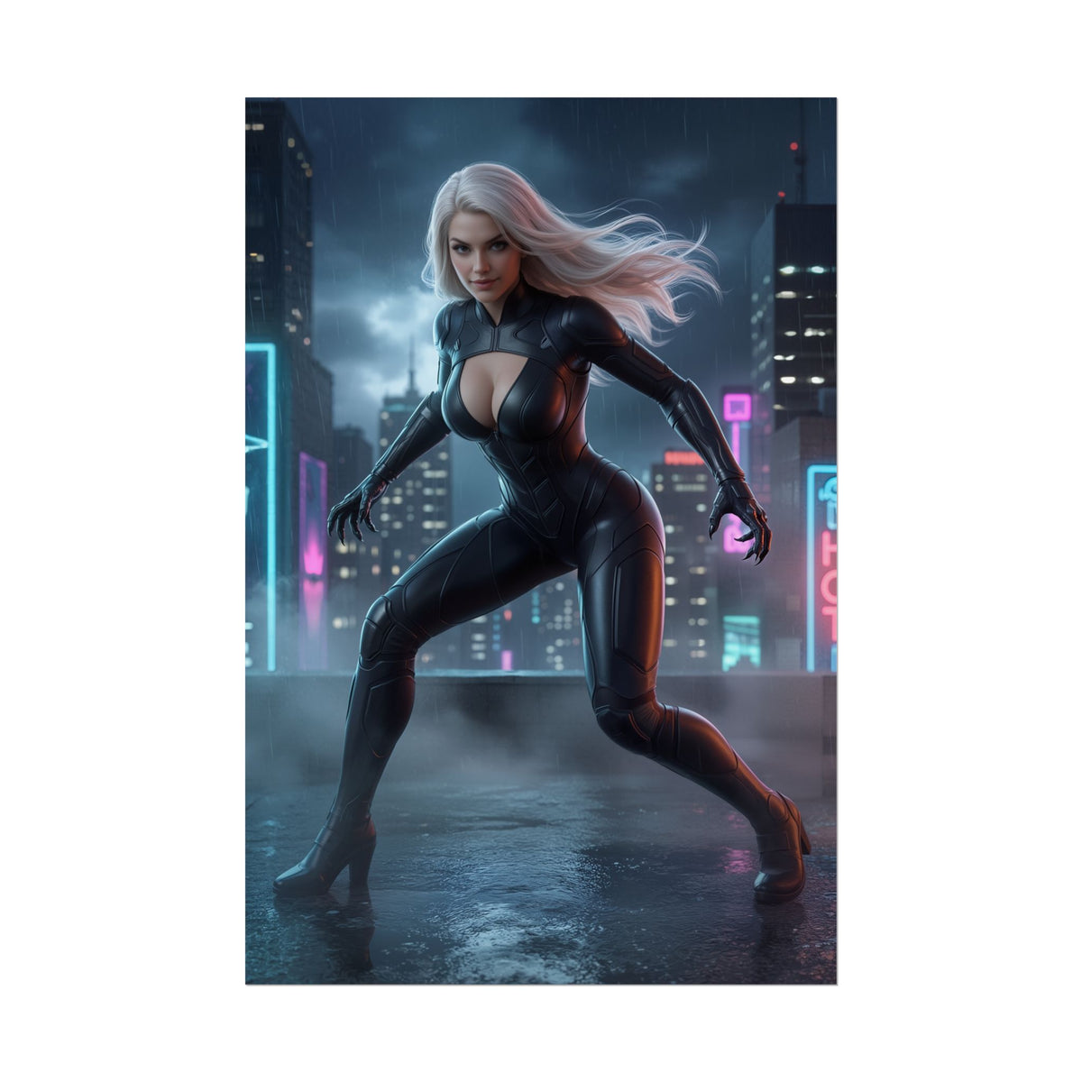 Black Cat Poster, Marvel Art Print  Classic Comic Book Wall Decor showing Black Cat in sleek suit on neon city rooftop, premium comic art print