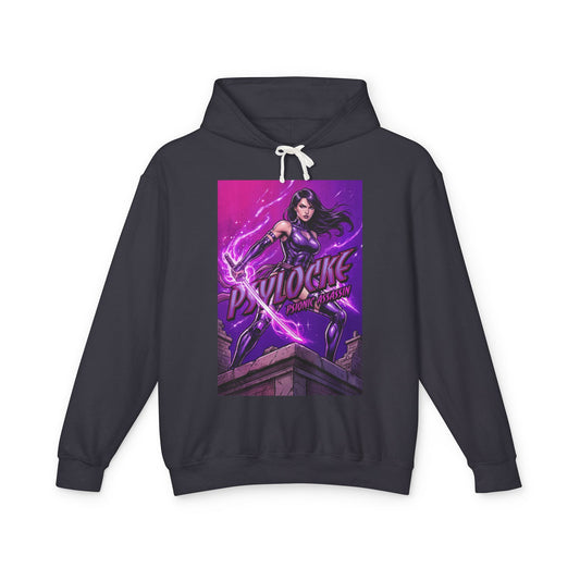 Psylocke Hoodie | Marvel Superhero Hoodie | Psionic Assassin Pullover - dark gray streetwear hoodie with purple Psylocke comic art