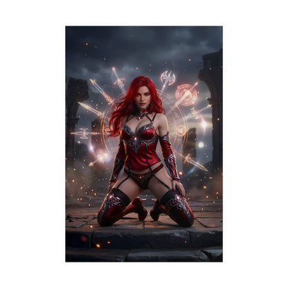 Erza Scarlet Poster / Erza Scarlet Wall Art / Erza Scarlet Art Print / Fairy Tail Poster - Erza Scarlet kneeling in battle-ready armor with glowing arcane energy