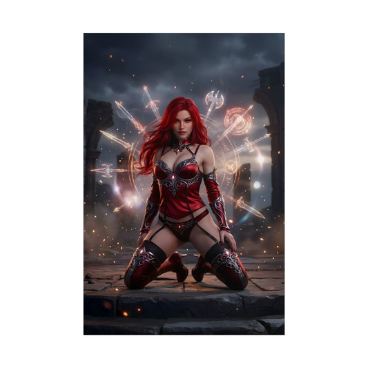 Erza Scarlet Poster / Erza Scarlet Wall Art / Erza Scarlet Art Print / Fairy Tail Poster - Erza Scarlet kneeling in battle-ready armor with glowing arcane energy