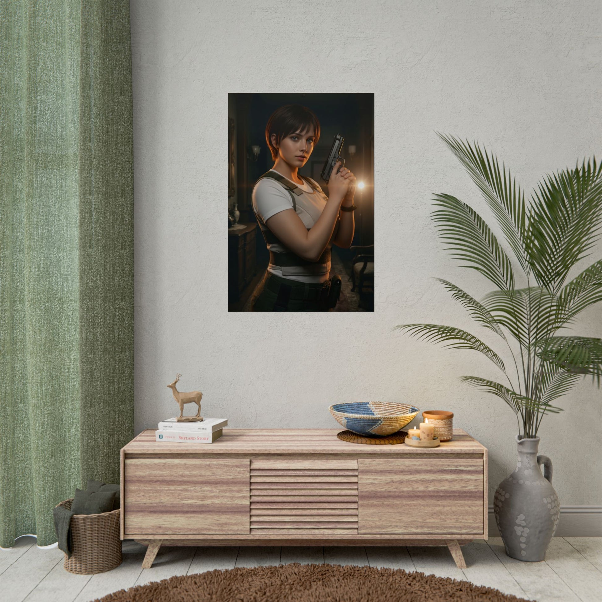 Rebecca Chambers Poster, Resident Evil Art Print – Iconic Survival Heroine on living room wall over modern console