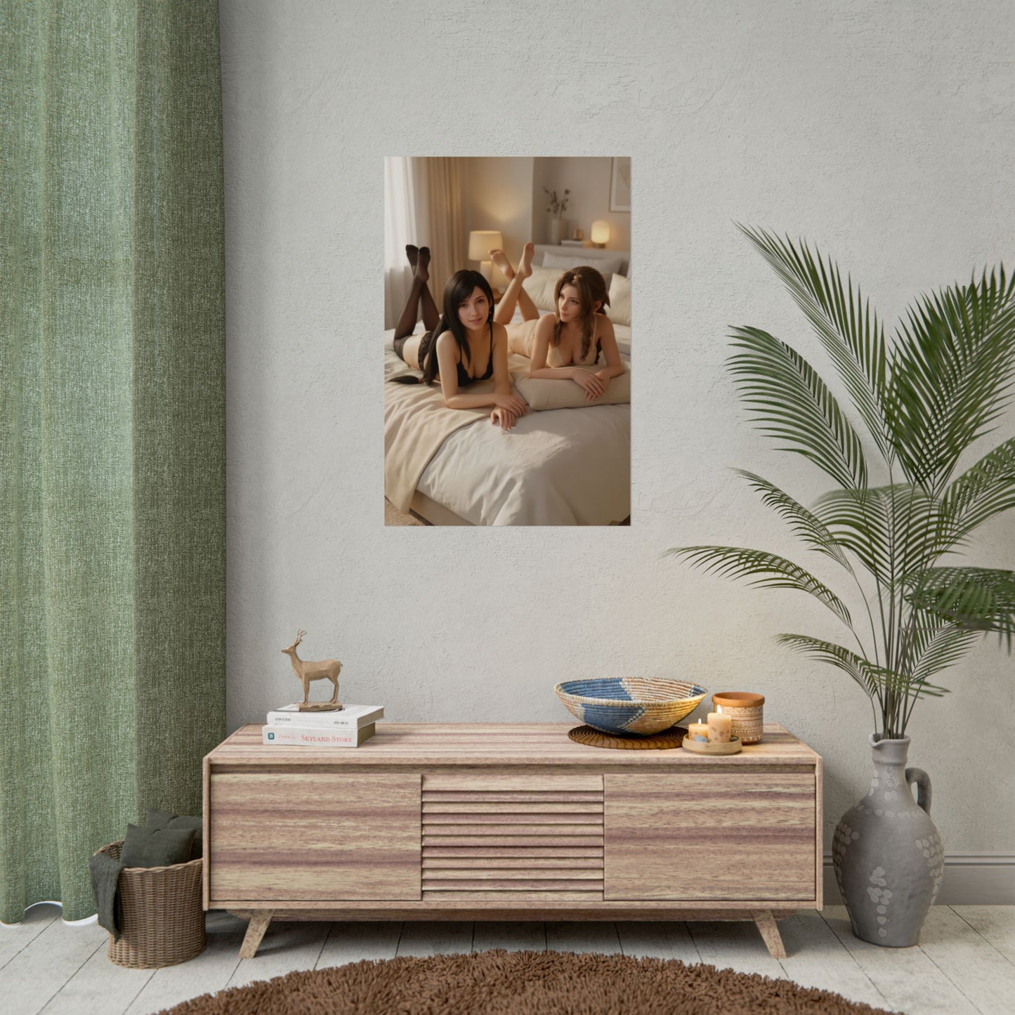 Tifa Aerith Poster, Final Fantasy VII Art Print – Gamer Gift Wall Decor displayed above a dresser in a cozy gamer room