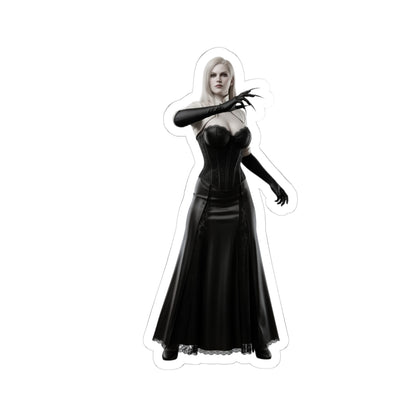 Lady Dimitrescu Sticker – Gothic Game Character Vinyl Sticker for Laptops & Decor: glossy vinyl decal of tall gothic woman in black dress, elegant pose