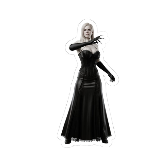 Lady Dimitrescu Sticker – Gothic Game Character Vinyl Sticker for Laptops & Decor: glossy vinyl decal of tall gothic woman in black dress, elegant pose