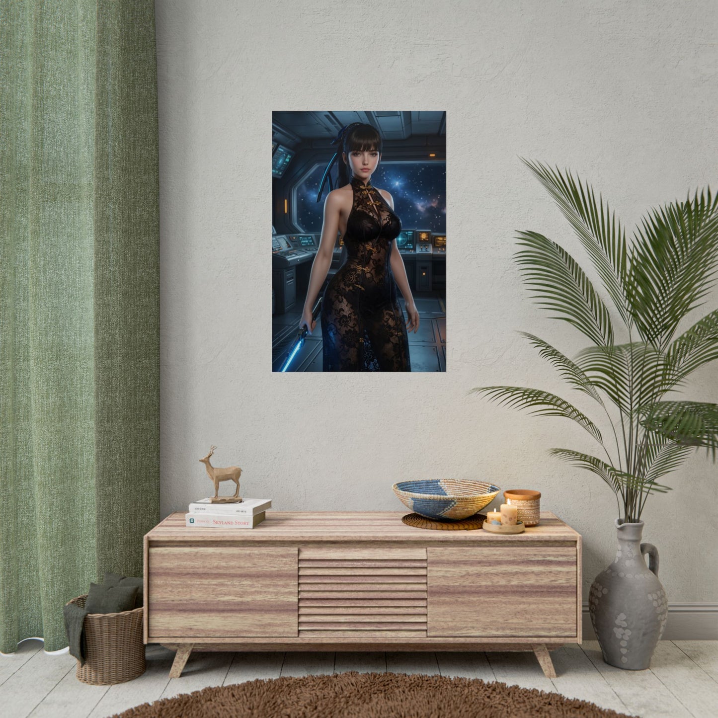 EVE Poster, Stellar Blade Print, Futuristic Combat Hero Art Wall Decor featuring cinematic armored hero in sci‑fi command room