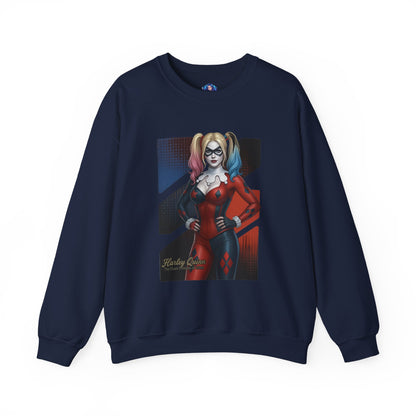 Harley Quinn Sweatshirt, DC Comics Crewneck, Iconic Comic Apparel for Fans – navy crewneck with Harley Quinn red-and-black character print