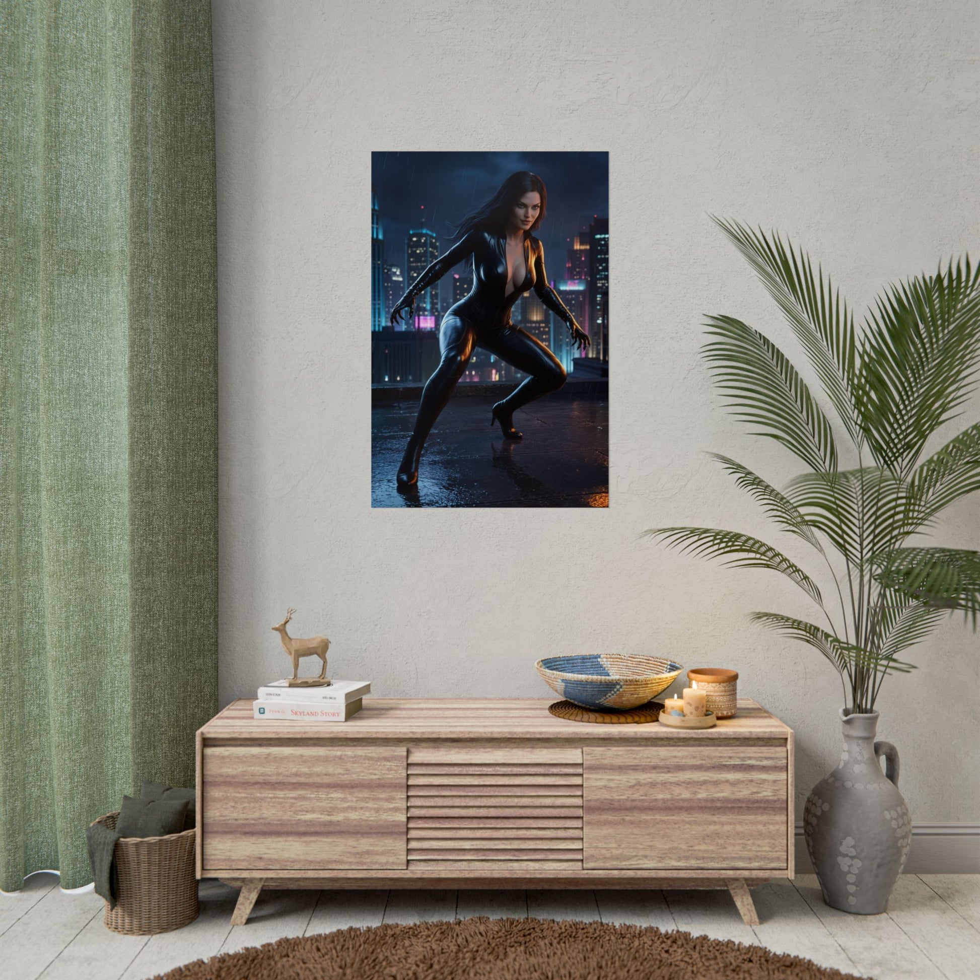 Black Cat Poster, Marvel Art Print – Gamer Room Superhero Wall Art showcasing sleek Black Cat figure in gamer room wall decor