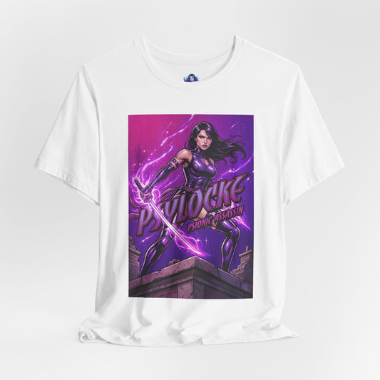 Psylocke T-Shirt | Marvel X-Men Anime Tee for Gamers & Fans featuring Psylocke with glowing purple psychic blade on Bella Canvas 3001 tee
