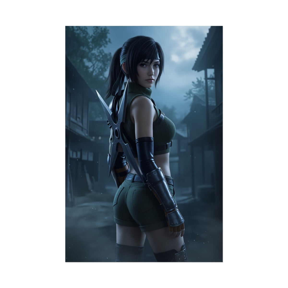 Yuffie Poster, Final Fantasy Art Print  Iconic Ninja RPG Heroine, ultra-high-res poster of energetic ninja heroine in misty village scene