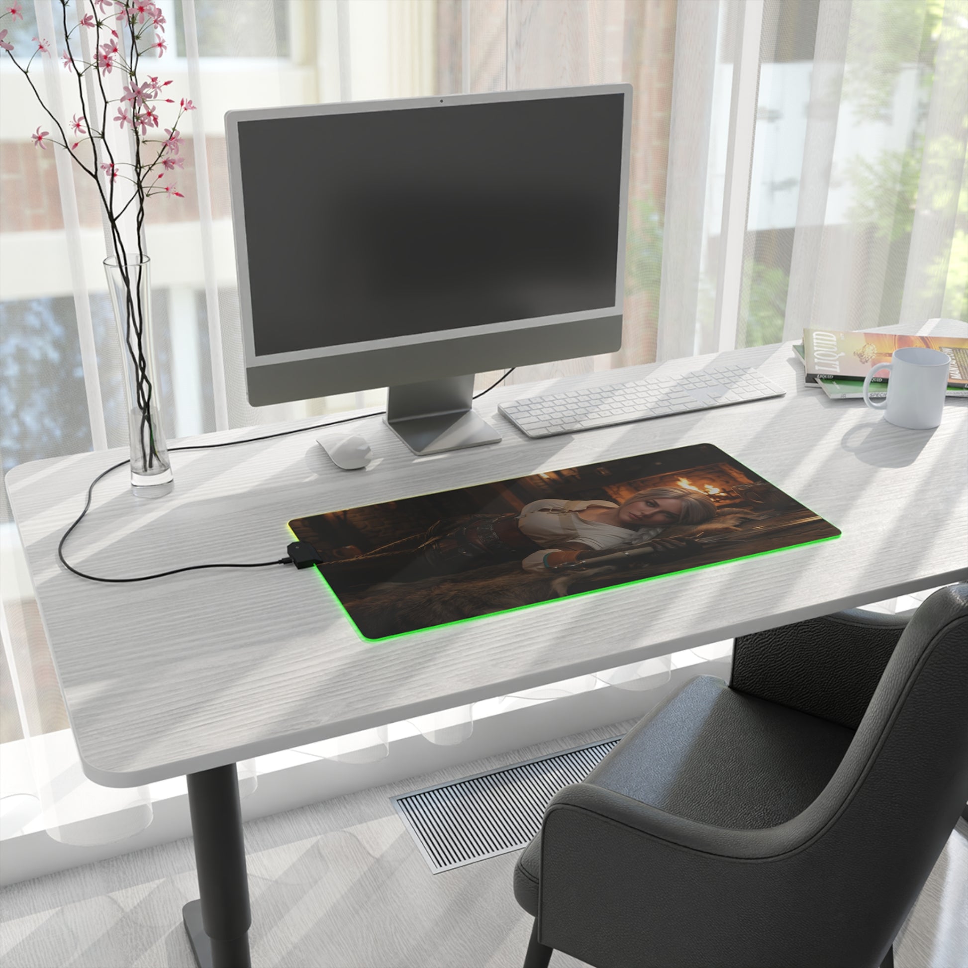 Ciri Desk Mat – LED RGB Pad, Waifu Fantasy Girl Gaming Setup on modern white desk with monitor and green LED edge