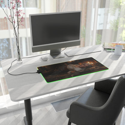 Ciri Desk Mat – LED RGB Pad, Waifu Fantasy Girl Gaming Setup on modern white desk with monitor and green LED edge