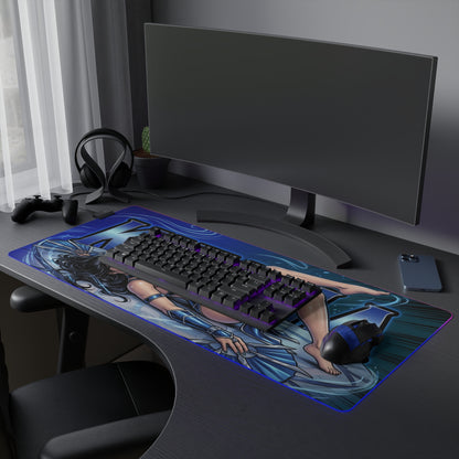 Kitana RGB Desk Mat, Mortal Kombat Gaming Mouse Pad, LED Desk Mat for Gamer Setup showcasing blue Kitana artwork on a large RGB mouse pad beneath keyboard