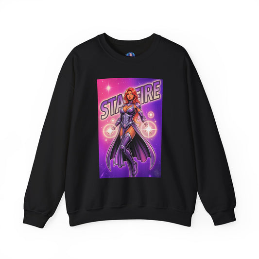 Starfire Sweatshirt, DC Comics Cosmic Art, Premium Heroine Apparel — black crewneck showing Starfire with glowing energy orbs and purple armor