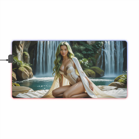 C.C Desk Mat – LED RGB Pad, Elegant Waifu Anime Girl Gaming Setup showing green‑haired waifu by waterfall on RGB edge gaming desk mat