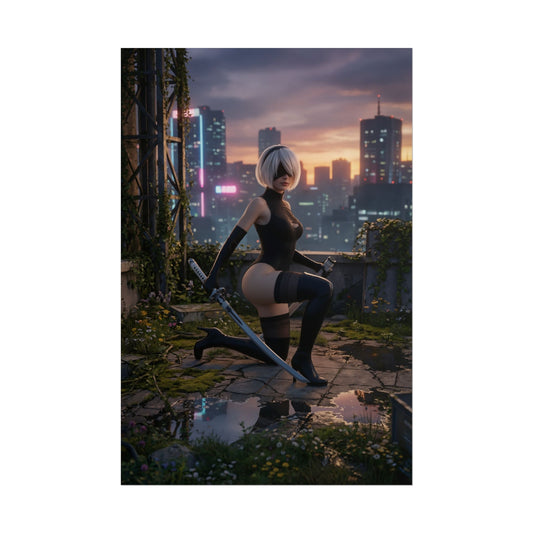 2B Poster, NieR Automata Art Print – Sci-Fi Android Wall Art for Gamers showcasing 2B kneeling with sword in cyberpunk rooftop sunset scene