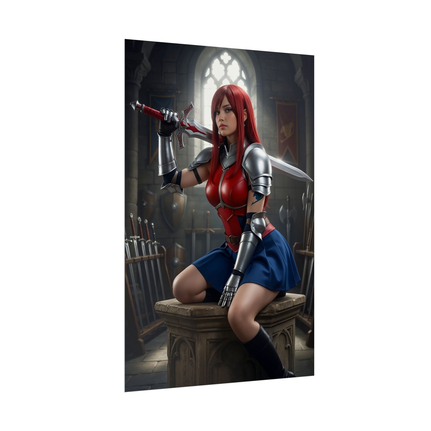 Erza Scarlet Poster, Fairy Tail Art Print, Iconic Armor Warrior Wall Decor — armored Erza posed with sword in gothic armory, bold anime fantasy wall art