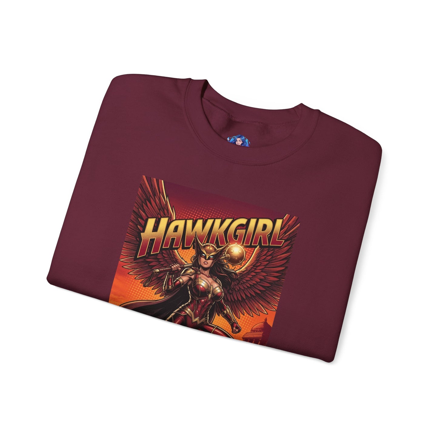 Hawkgirl Sweatshirt, DC Comics Wall Art Style, Premium Heroine Apparel folded maroon crewneck with anime-inspired Hawkgirl winged armor and mace graphic