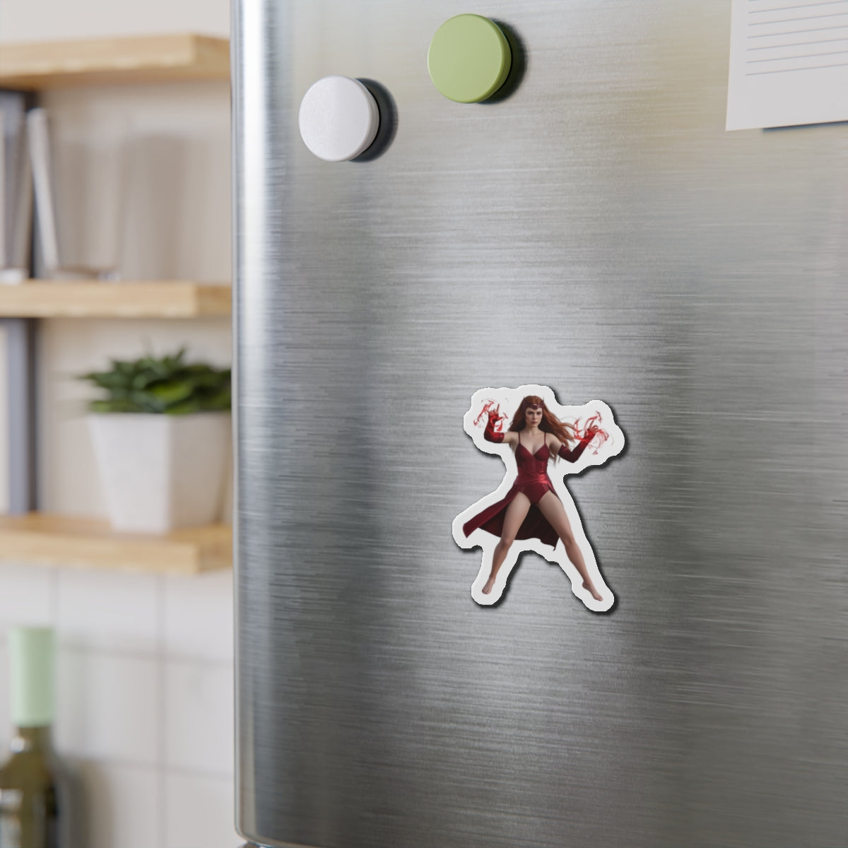 Alt Tag: Scarlet Witch Magnet – Marvel Heroine Fridge Magnet, Anime Style Decor on stainless-steel fridge showing anime-style Scarlet Witch die-cut vinyl magnet