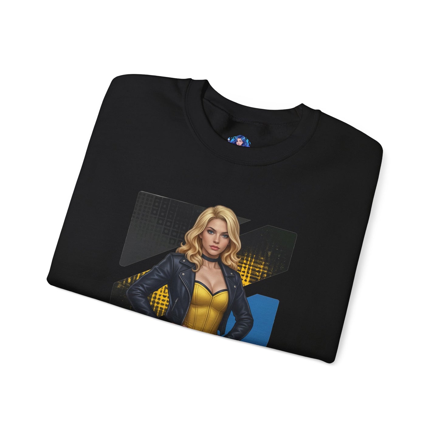 Black Canary Sweatshirt, DC Comics Crewneck, Classic Superhero Apparel for Fans - folded black crewneck with blonde Black Canary artwork