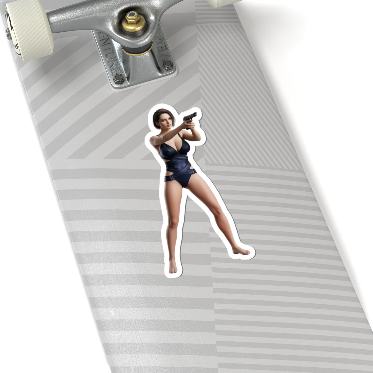 Jill Valentine Sticker – Survival Game Vinyl Sticker for Laptops & Indoor Decor on skateboard surface, glossy durable vinyl, crisp tactical character artwork