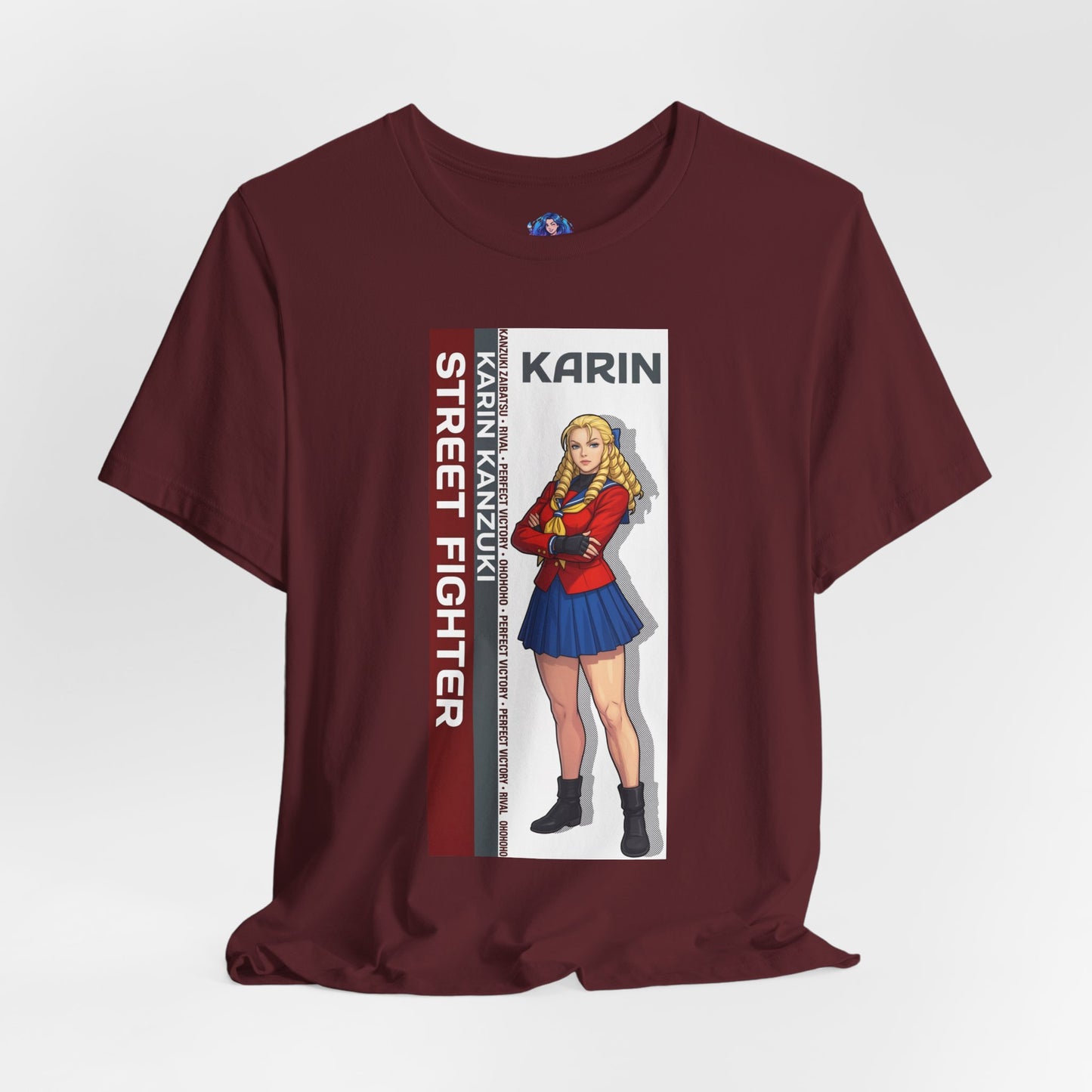 Karin Kanzuki T-Shirt | Street Fighter Anime Tee for Gamers & Fighting Game Fans — anime-style Karin portrait on burgundy Bella Canvas tee