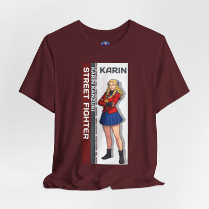 Karin Kanzuki T-Shirt | Street Fighter Anime Tee for Gamers & Fighting Game Fans — anime-style Karin portrait on burgundy Bella Canvas tee