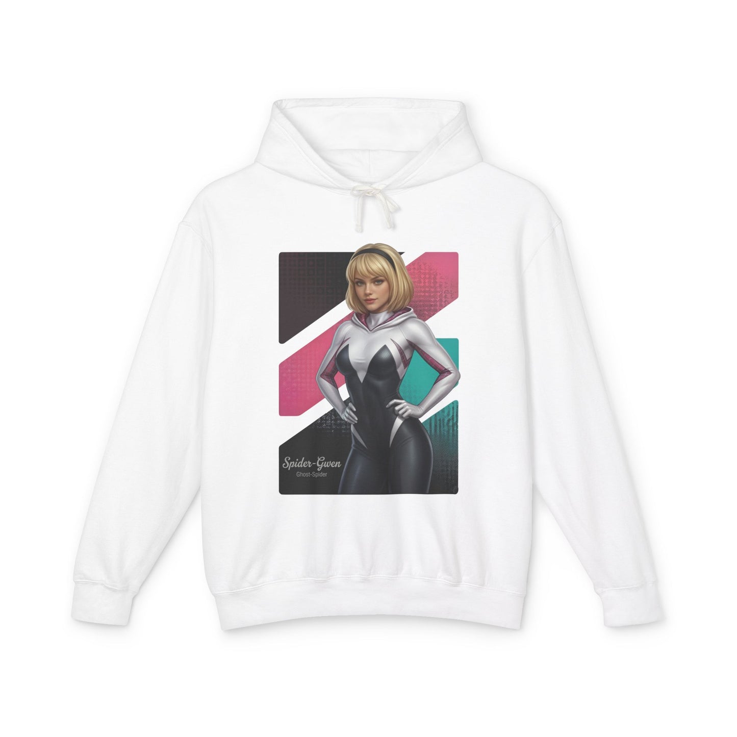 Spider-Gwen Hoodie | Marvel Comics Hoodie | Anime Spider Heroine Pullover white hoodie with anime-style Spider-Gwen illustration, streetwear pullover