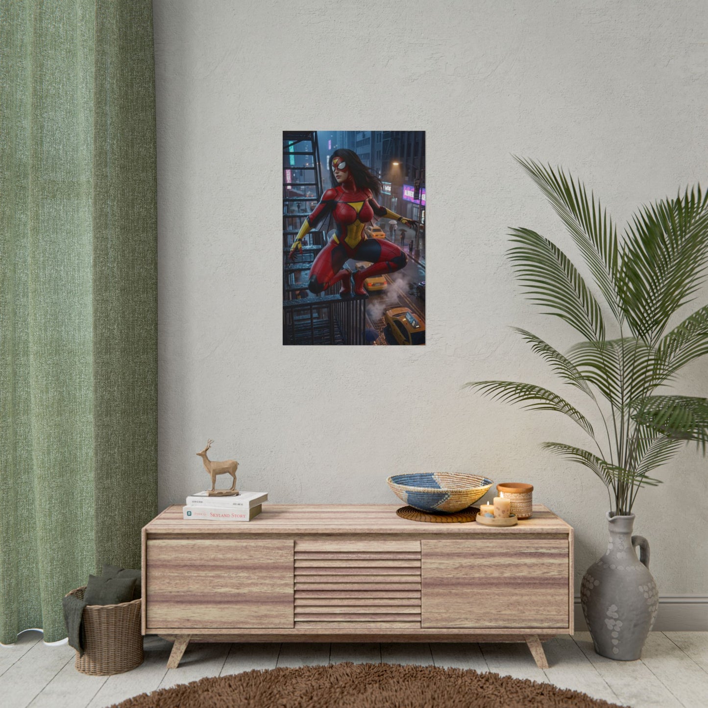 Spider-Woman Jessica Drew Poster, Marvel Wall Art Print showing Jessica Drew in red costume perched on a city ledge, ideal for gamer rooms