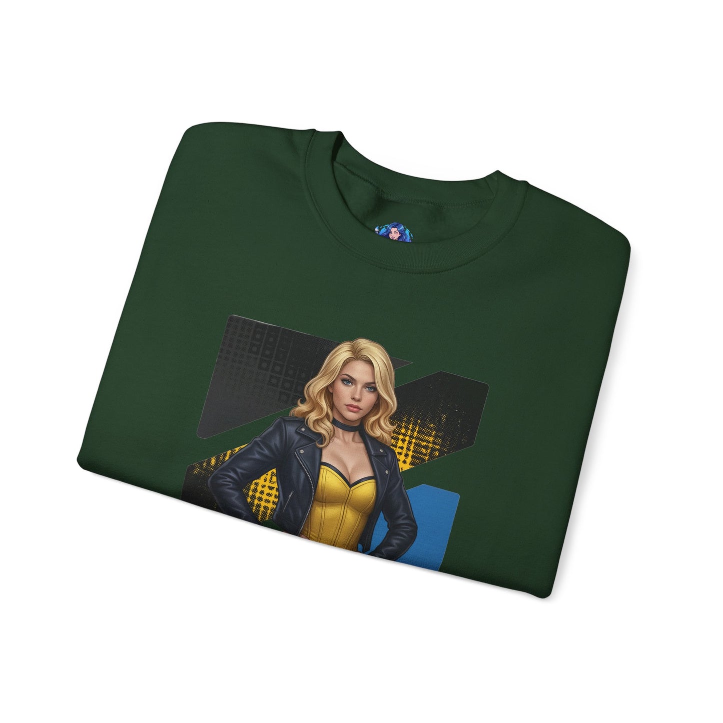 Black Canary Sweatshirt, DC Comics Crewneck, Classic Superhero Apparel for Fans - green folded crewneck with Black Canary artwork