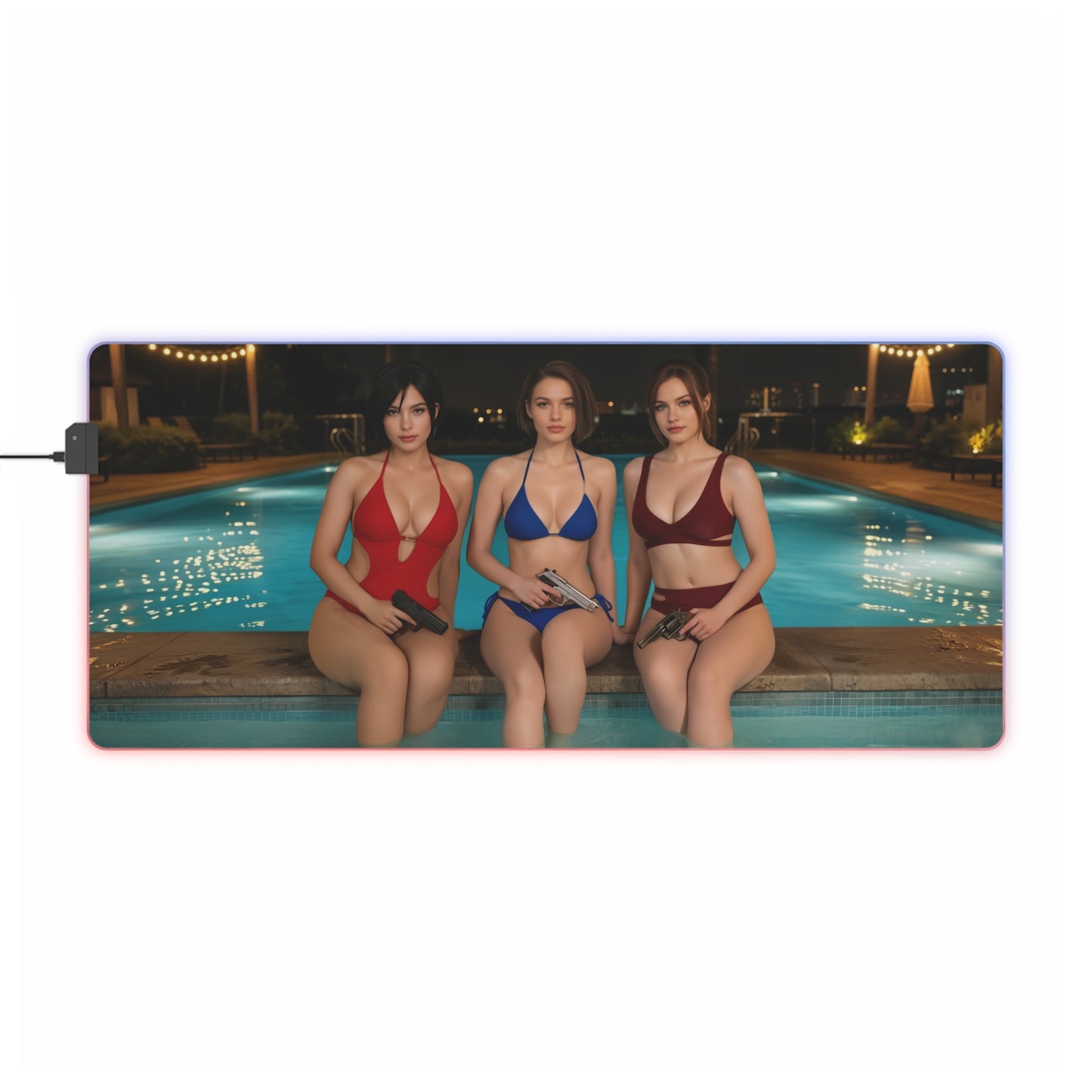Ada Wong, Claire Redfield & Jill Valentine Desk Mat – LED RGB Pad showing trio of heroines in swimsuits by pool with LED border