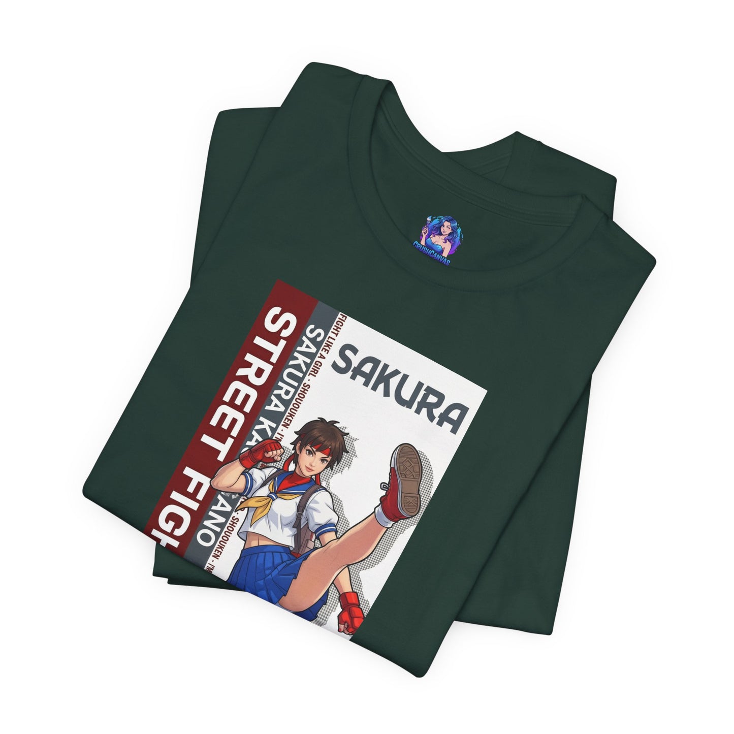 Sakura Kasugano T-Shirt | Street Fighter Anime Tee for Gamers & Fighting Game Fans - folded dark green Bella Canvas tee with Sakura illustration