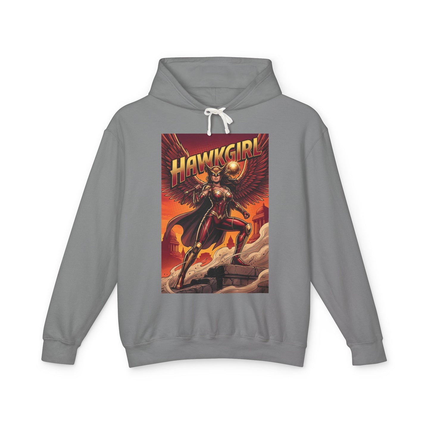 Hawkgirl Hoodie | DC Superhero Hoodie | Winged Warrior Pullover - grey pullover with bold Hawkgirl comic art, lightweight 100% ring-spun cotton