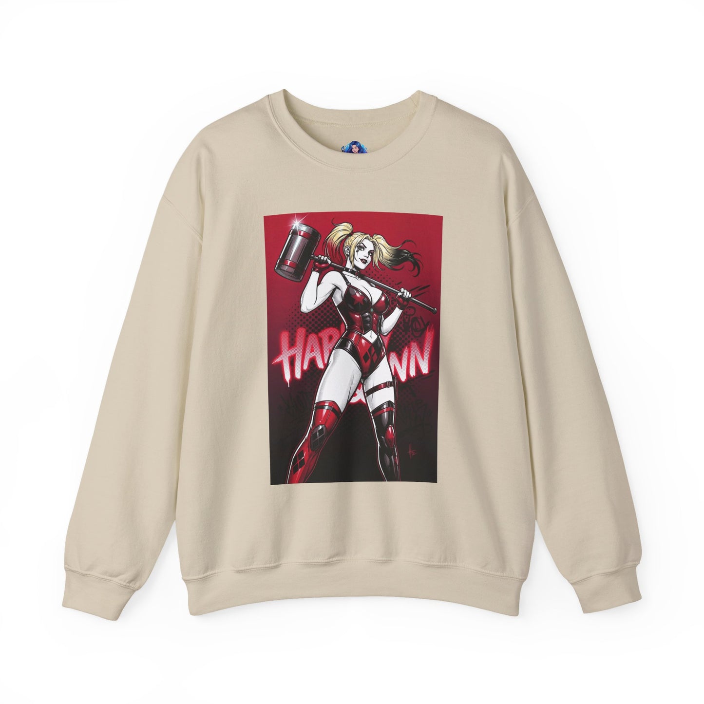 Harley Quinn Sweatshirt, DC Comics Pop Art Style, Premium Fan Apparel showing anime-inspired Harley with hammer on beige crewneck