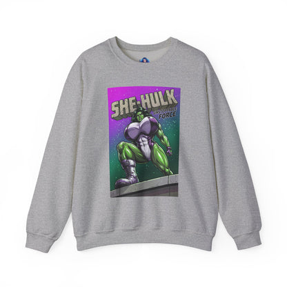 She-Hulk Sweatshirt, Comic Character Art, Premium Fan Apparel featuring bold green She-Hulk in dominant stance on grey crewneck