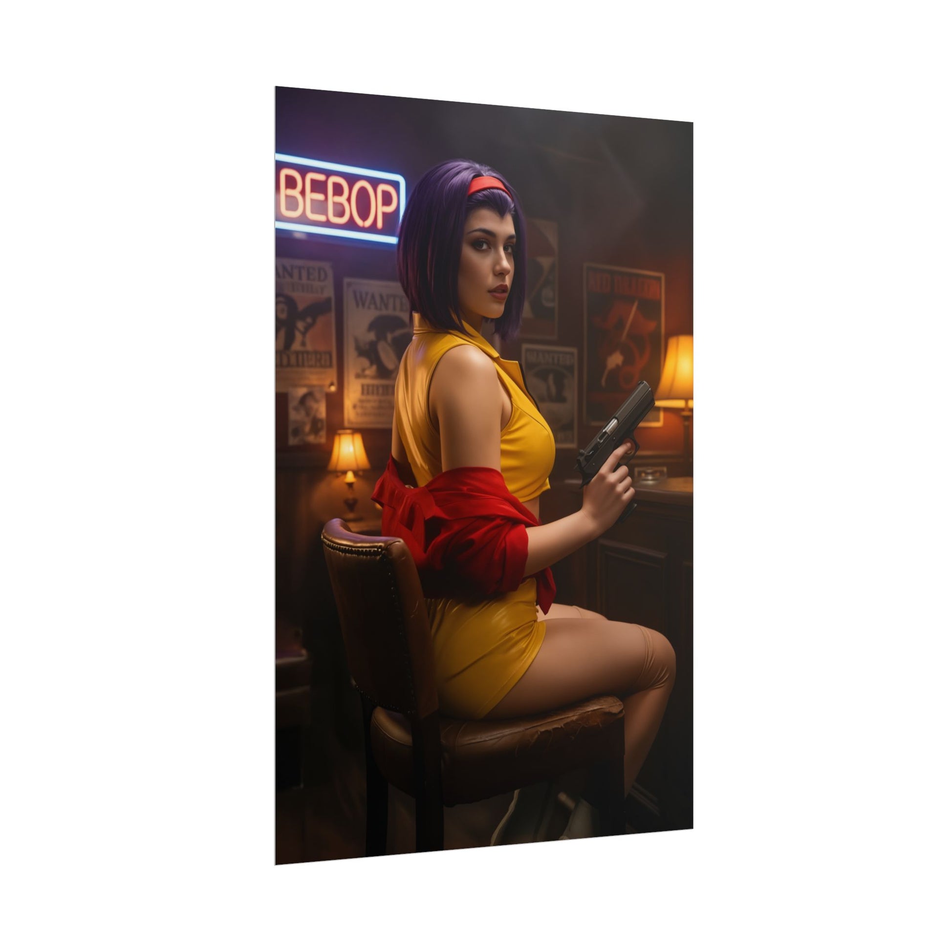 Faye Valentine Poster, Cowboy Bebop Art Print, Iconic Anime Character Wall Decor — cinematic portrait of Faye in yellow outfit holding a pistol in retro sci‑fi room