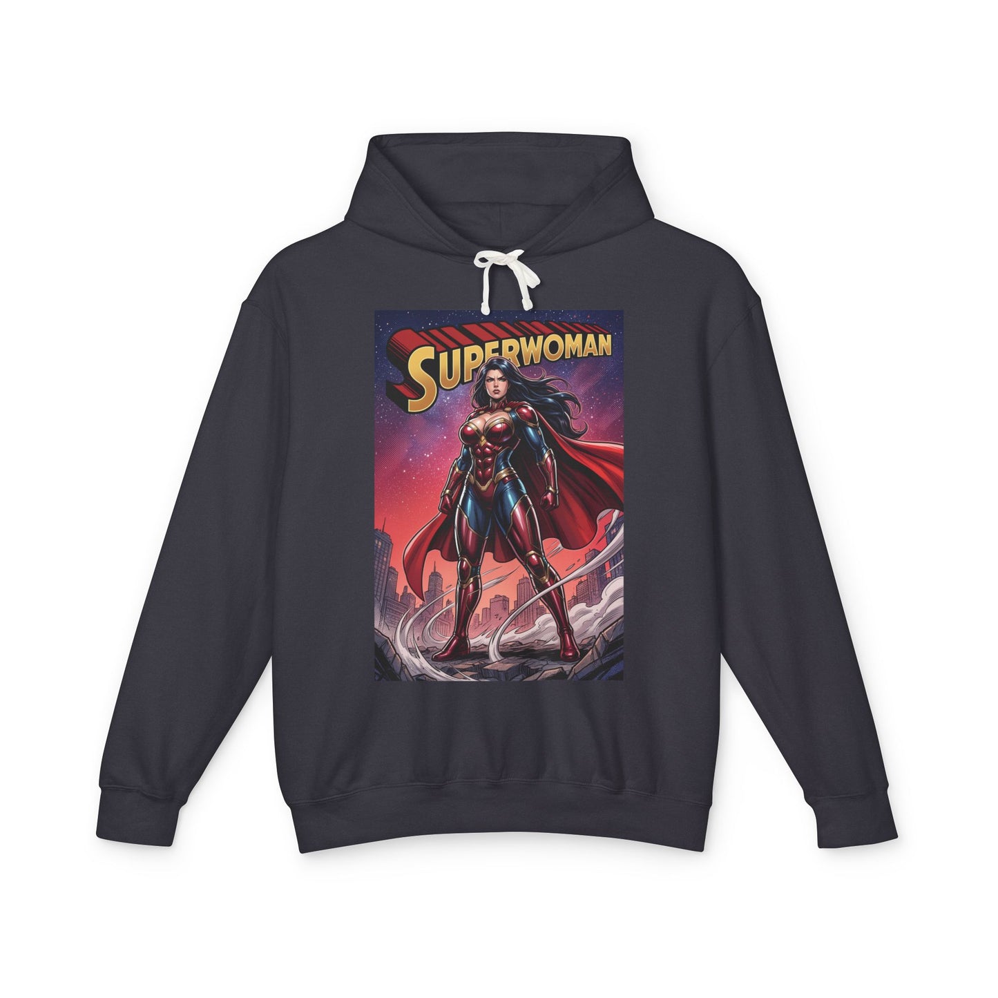 Superwoman Hoodie | DC Superhero Hoodie | Power Unleashed Pullover - charcoal pullover with bold comic-book Superwoman graphic, soft cotton streetwear