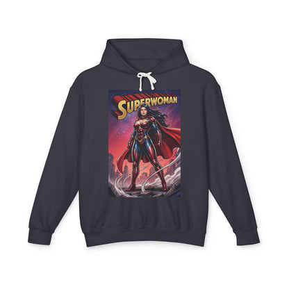 Superwoman Hoodie | DC Superhero Hoodie | Power Unleashed Pullover - charcoal pullover with bold comic-book Superwoman graphic, soft cotton streetwear