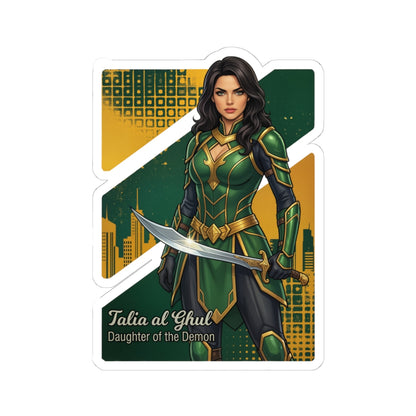 Talia al Ghul Sticker – Comic Villain Vinyl Sticker for Laptops & Indoor Decor, glossy vinyl sticker of Talia al Ghul in green armor with sword