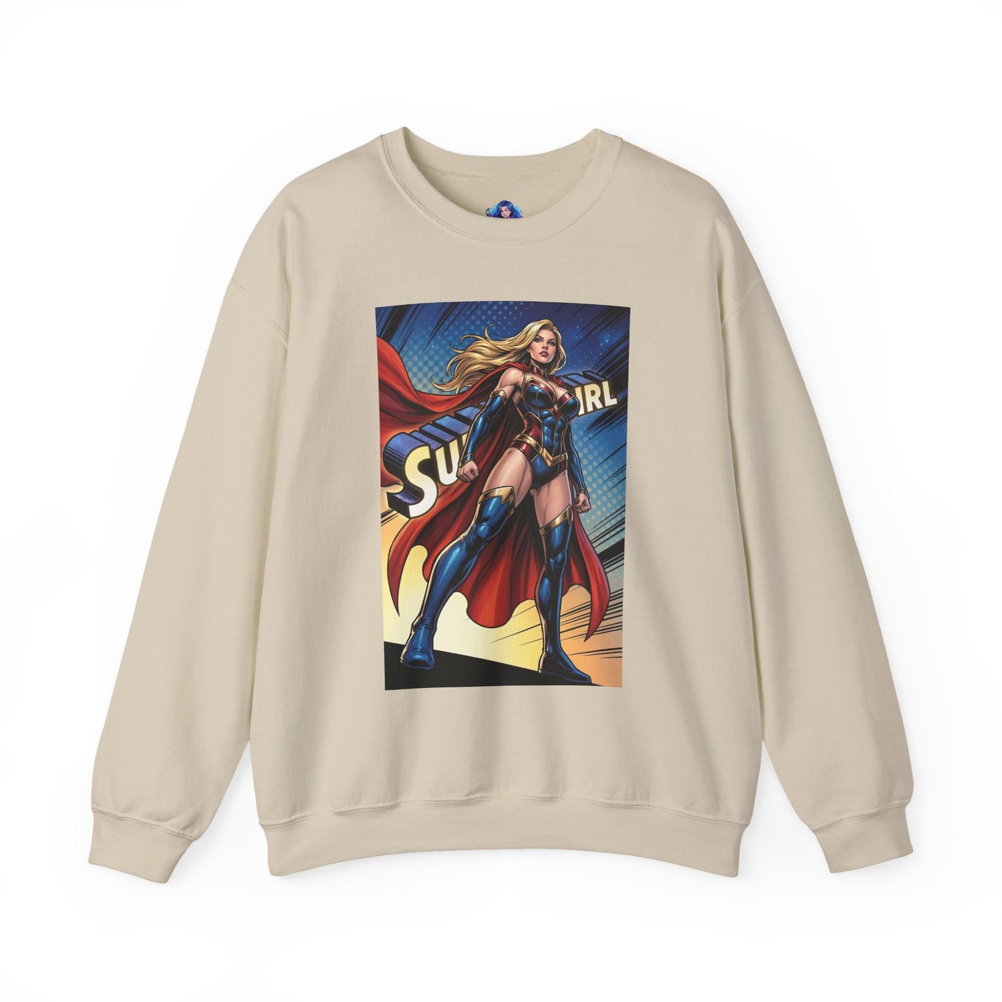 Supergirl Sweatshirt, DC Comics Crewneck, Iconic Superhero Fan Apparel - beige crewneck with bold comic-style Supergirl graphic