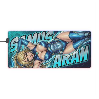 Samus Aran RGB Desk Mat, Sci-Fi Action Gaming Mouse Pad, LED Desk Mat for Gamer Setup featuring sleek blue-armored bounty hunter artwork and RGB lighting