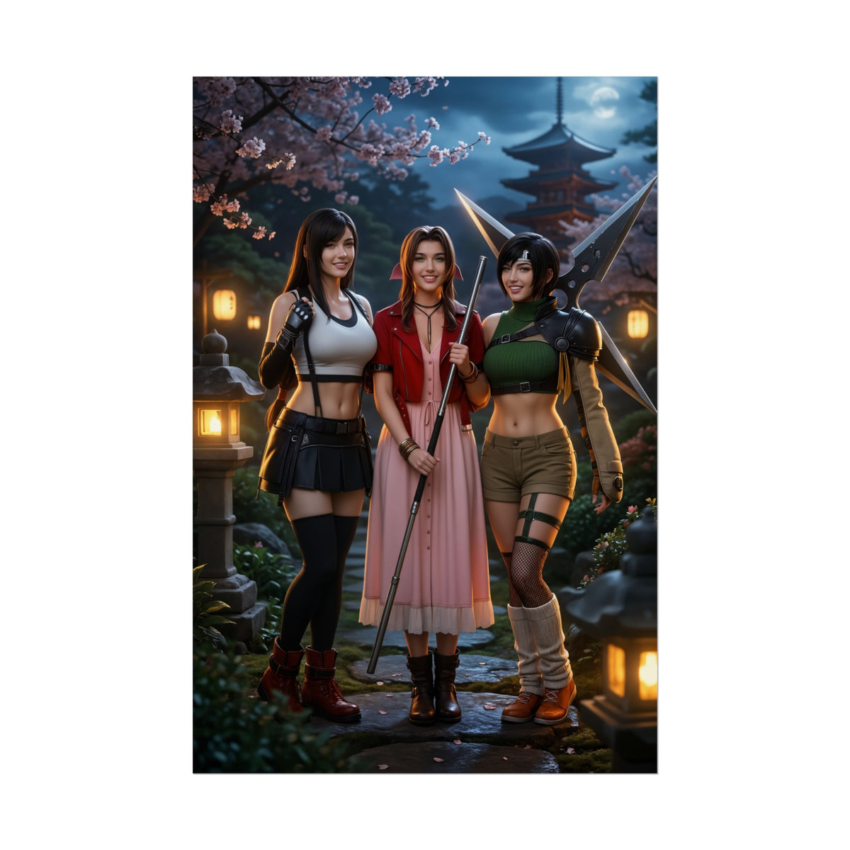 Tifa Aerith and Yuffie Final Fantasy Poster  Iconic RPG Heroines Wall Art featuring trio in detailed scenic night shrine setting