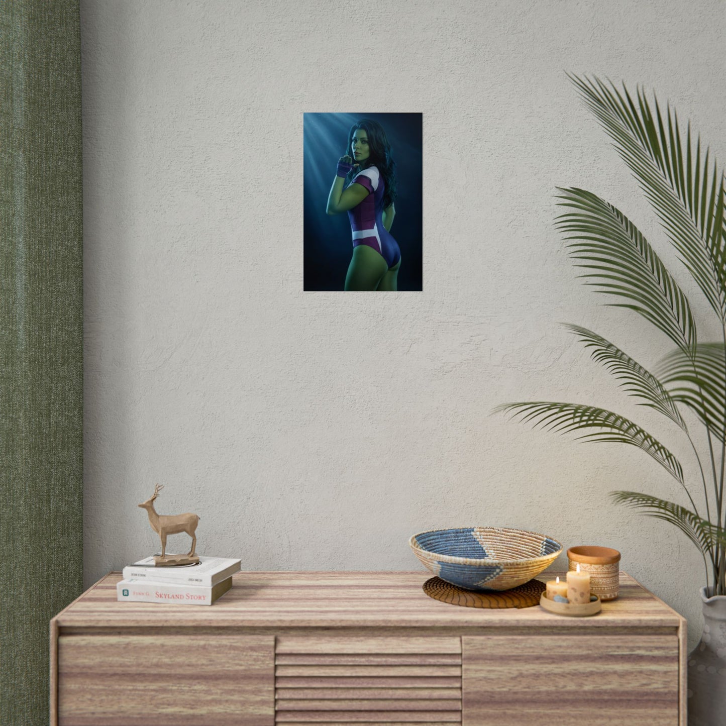 She-Hulk Marvel Poster – Iconic Superheroine Wall Art for Gamer Decor on neutral wall above dresser, vibrant green heroine print